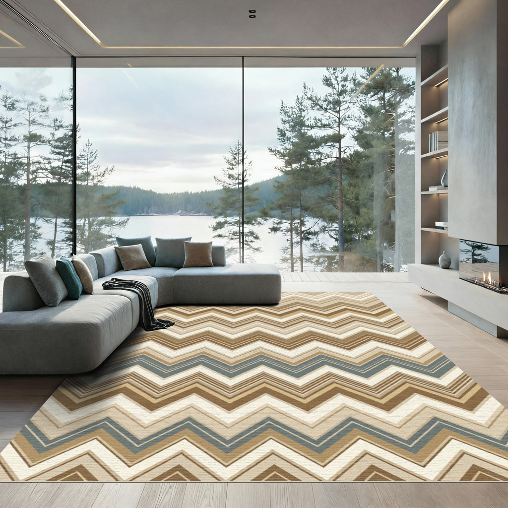Earthy Chevron Zigzag Brown Blue Rug