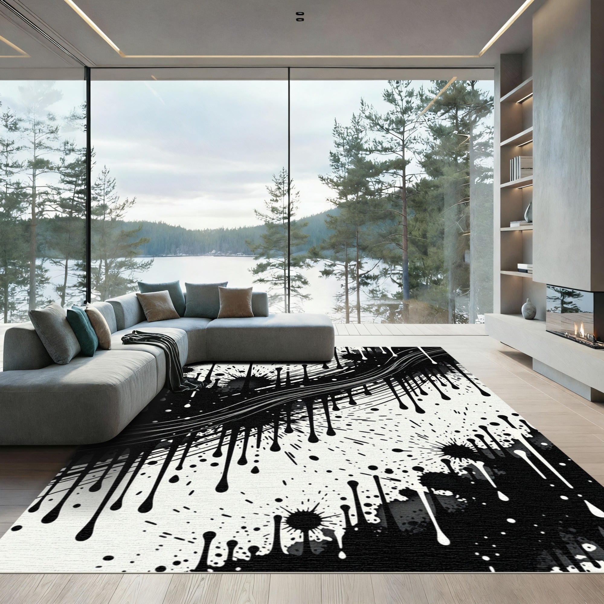 Abstract Drip Splatter Black White Rug
