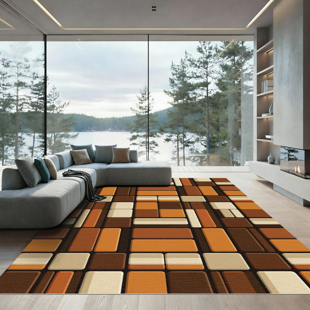 Mid-Century Earth Tone Block Grid Rug
