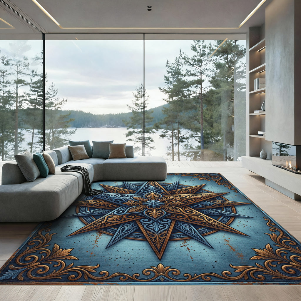 Ornate Gold Celestial Star Blue Medallion Rug
