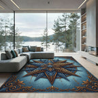 Ornate Gold Celestial Star Blue Medallion Rug