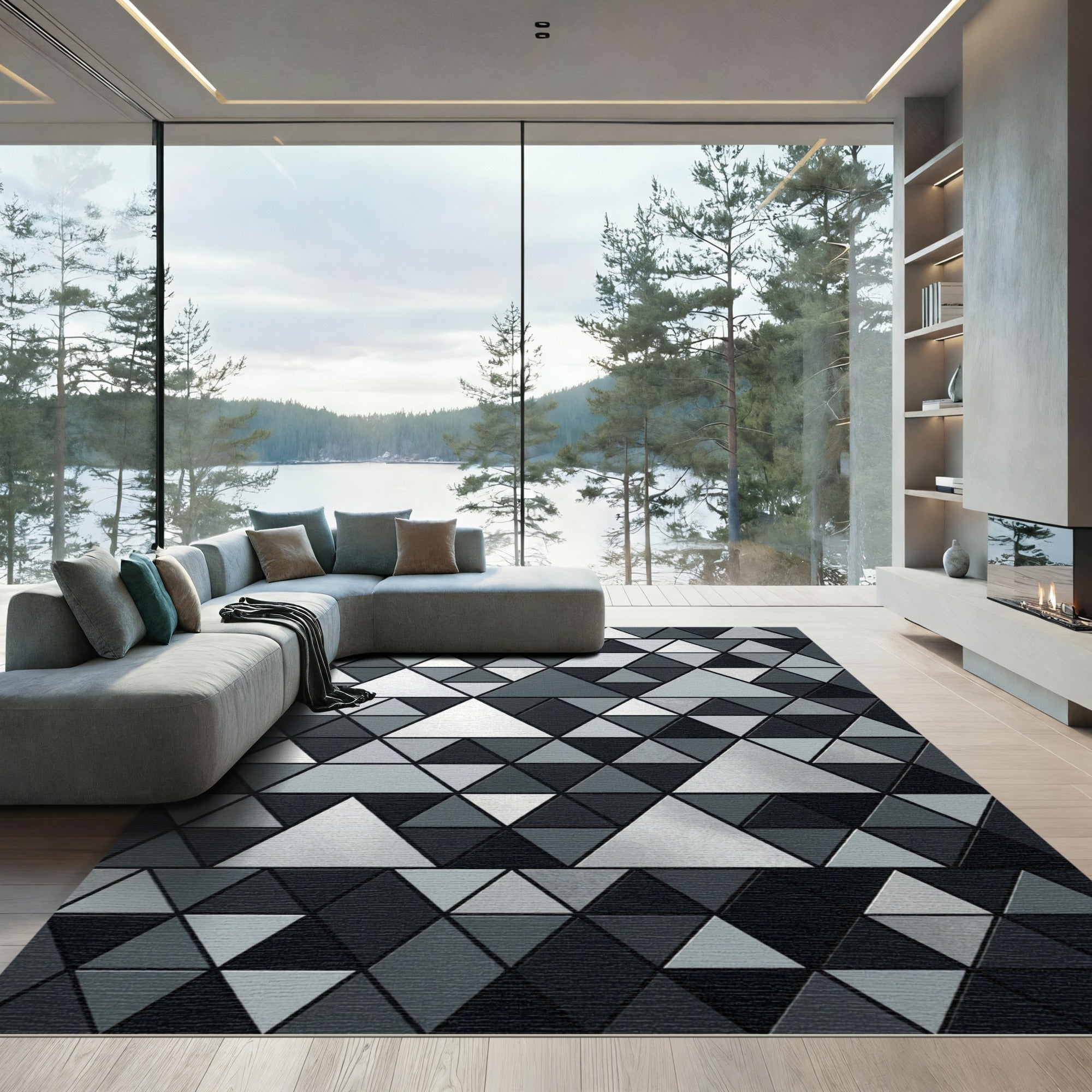 Monochrome Geometric Triangle Mosaic Rug