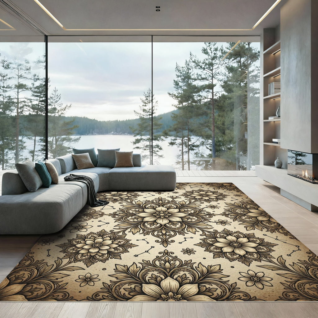 Celestial Sepia Floral Damask Area Rug