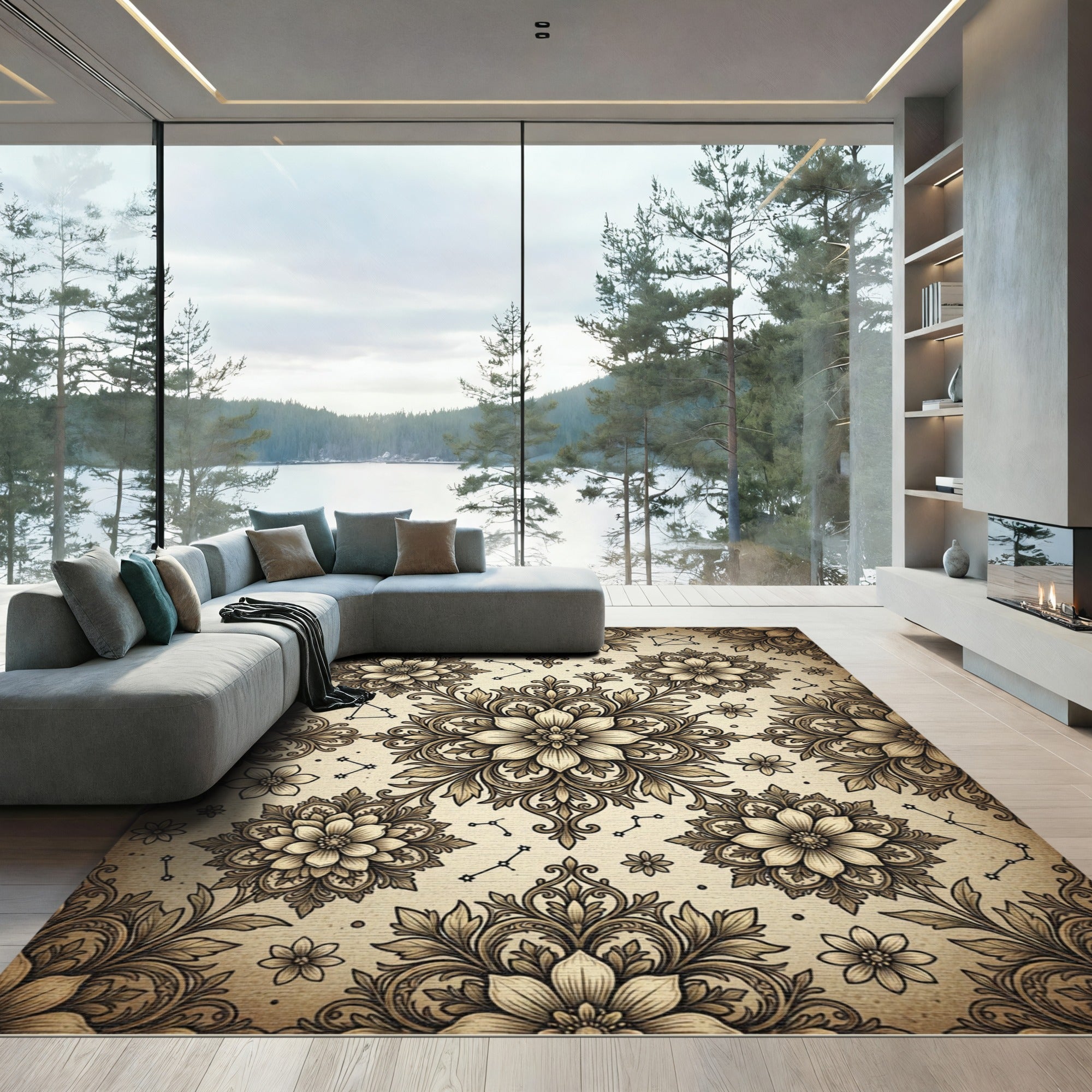 Celestial Sepia Floral Damask Area Rug