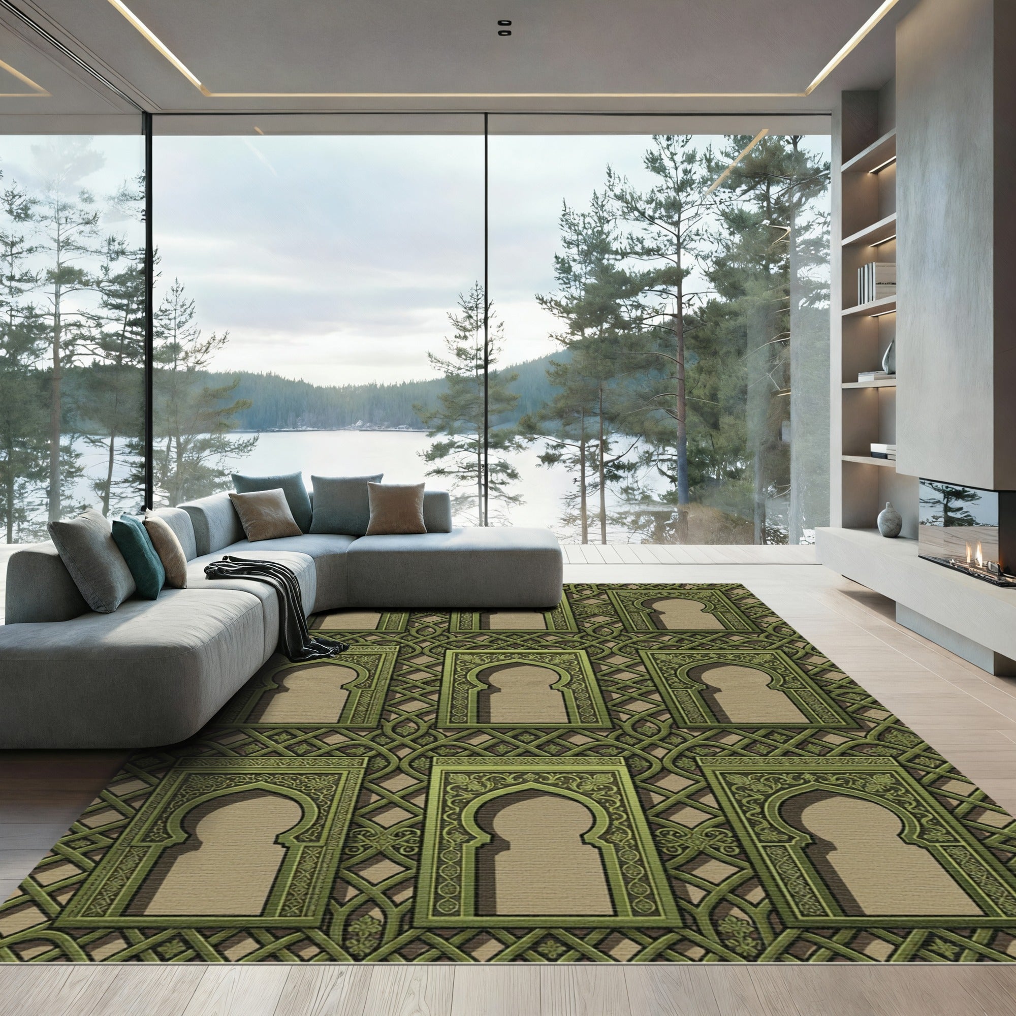 Ornate Green Arched Window Composition Rug