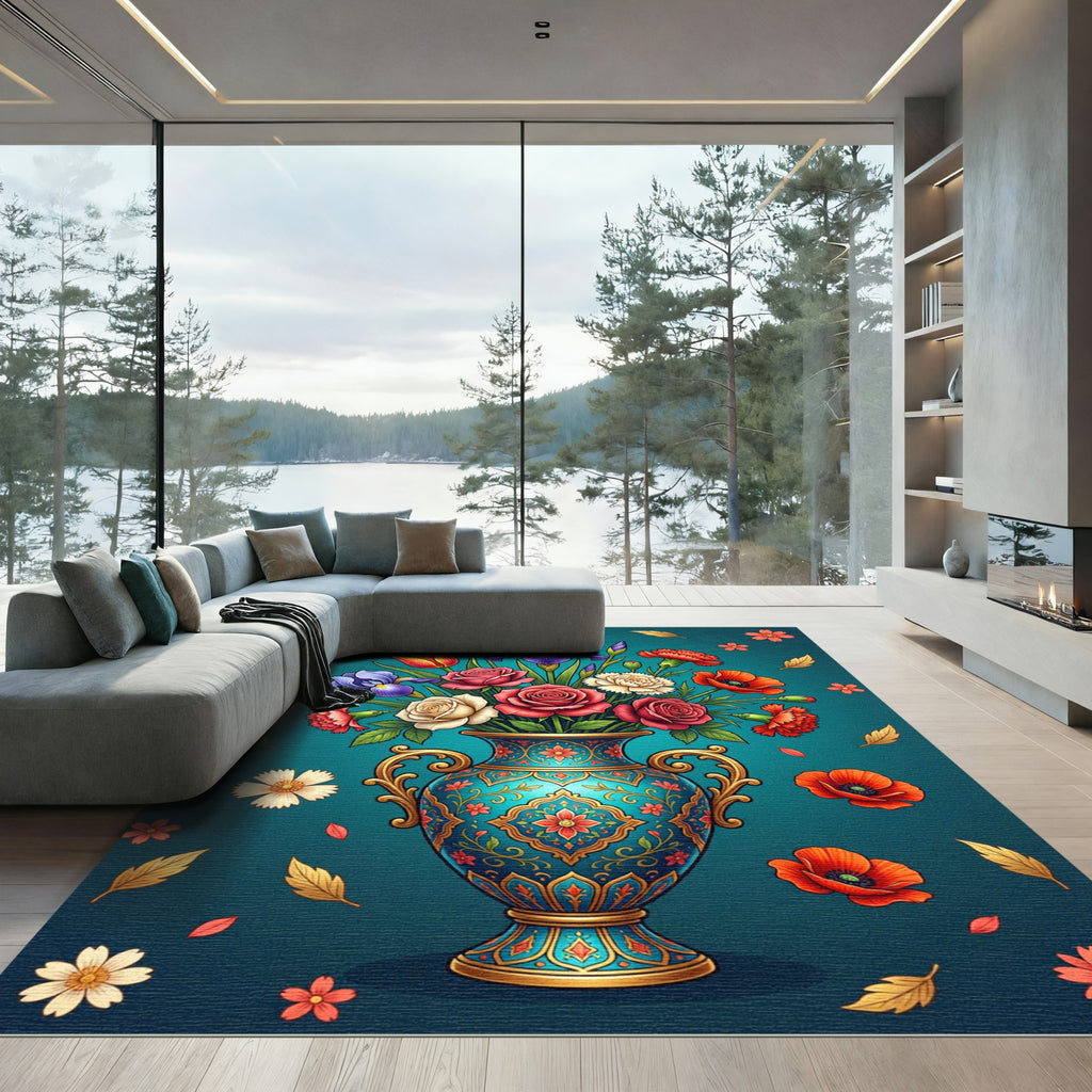 Turquoise Floral Vase with Roses and Irises Rug