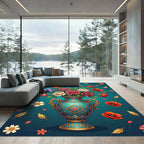 Turquoise Floral Vase with Roses and Irises Rug
