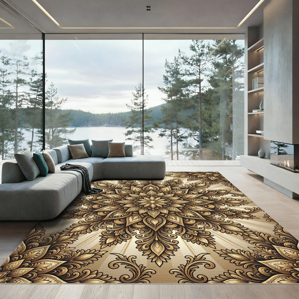 Ornate Golden Floral Radial Rug