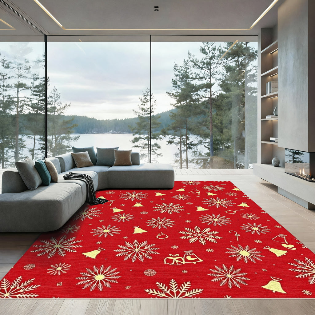 Festive Red Gold Snowflake Bell Collage Rug