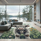 Highland Cow with Daisies and Clovers Rug