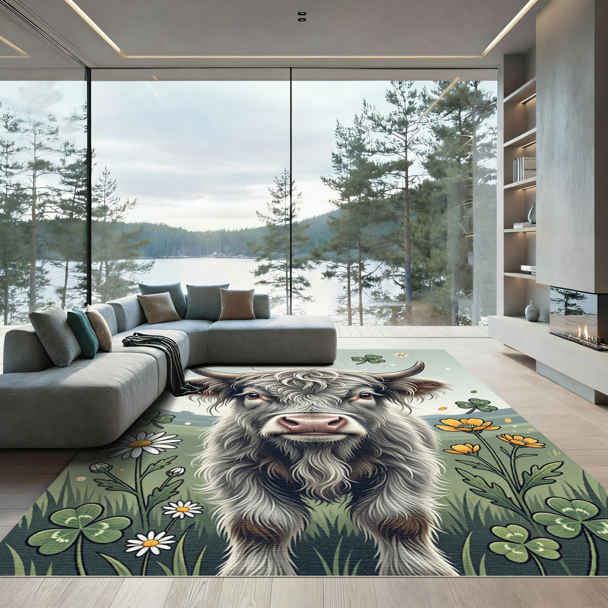 Highland Cow with Daisies and Clovers Rug