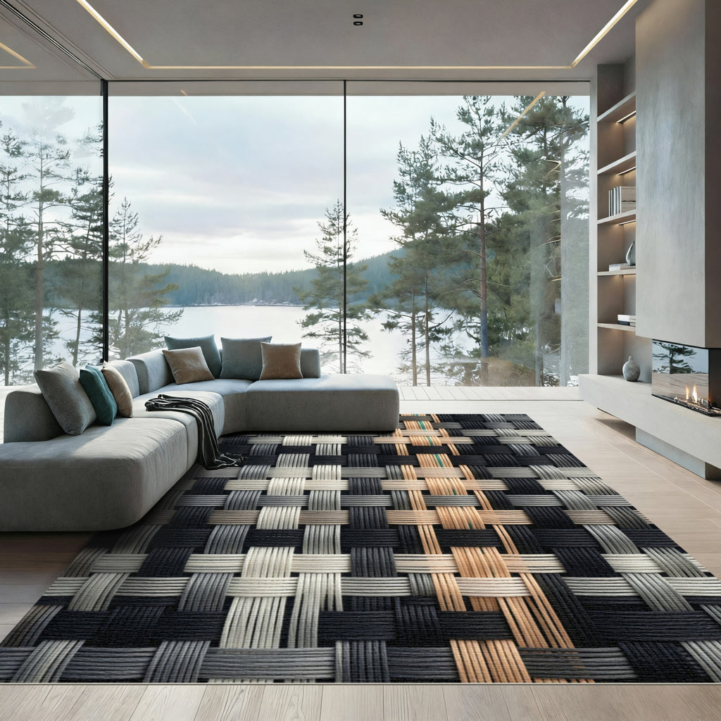 Contemporary Neutral Woven Grid Weave Rug