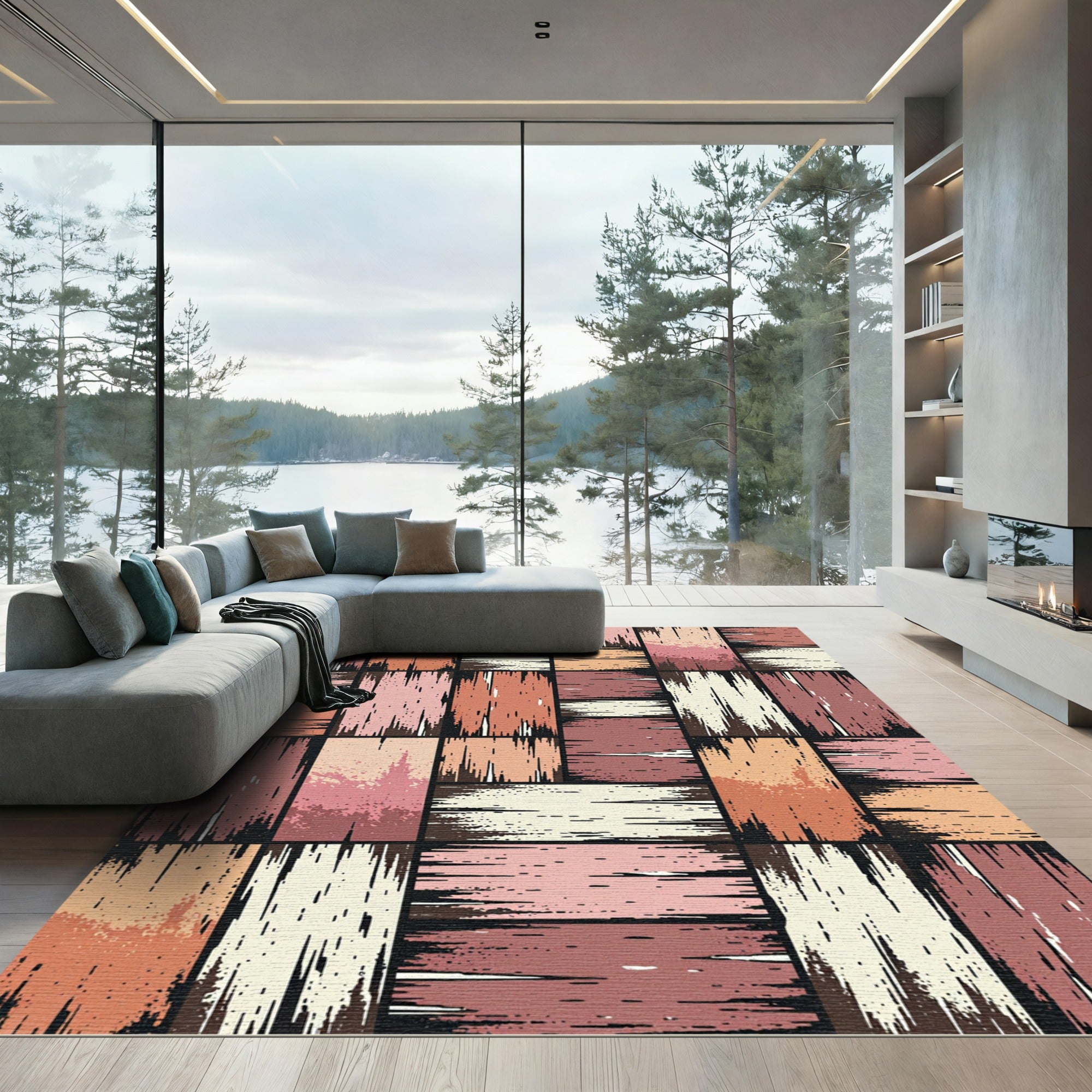Warm Earth Tone Vertical Stripe Rectangles Rug