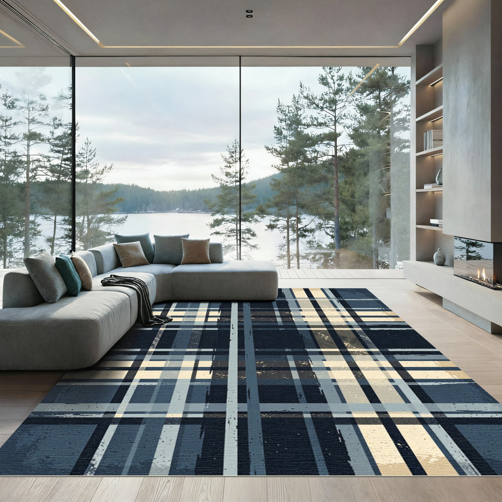 Vintage Blue Tan Plaid Grid Lines Rug