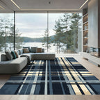 Vintage Blue Tan Plaid Grid Lines Rug