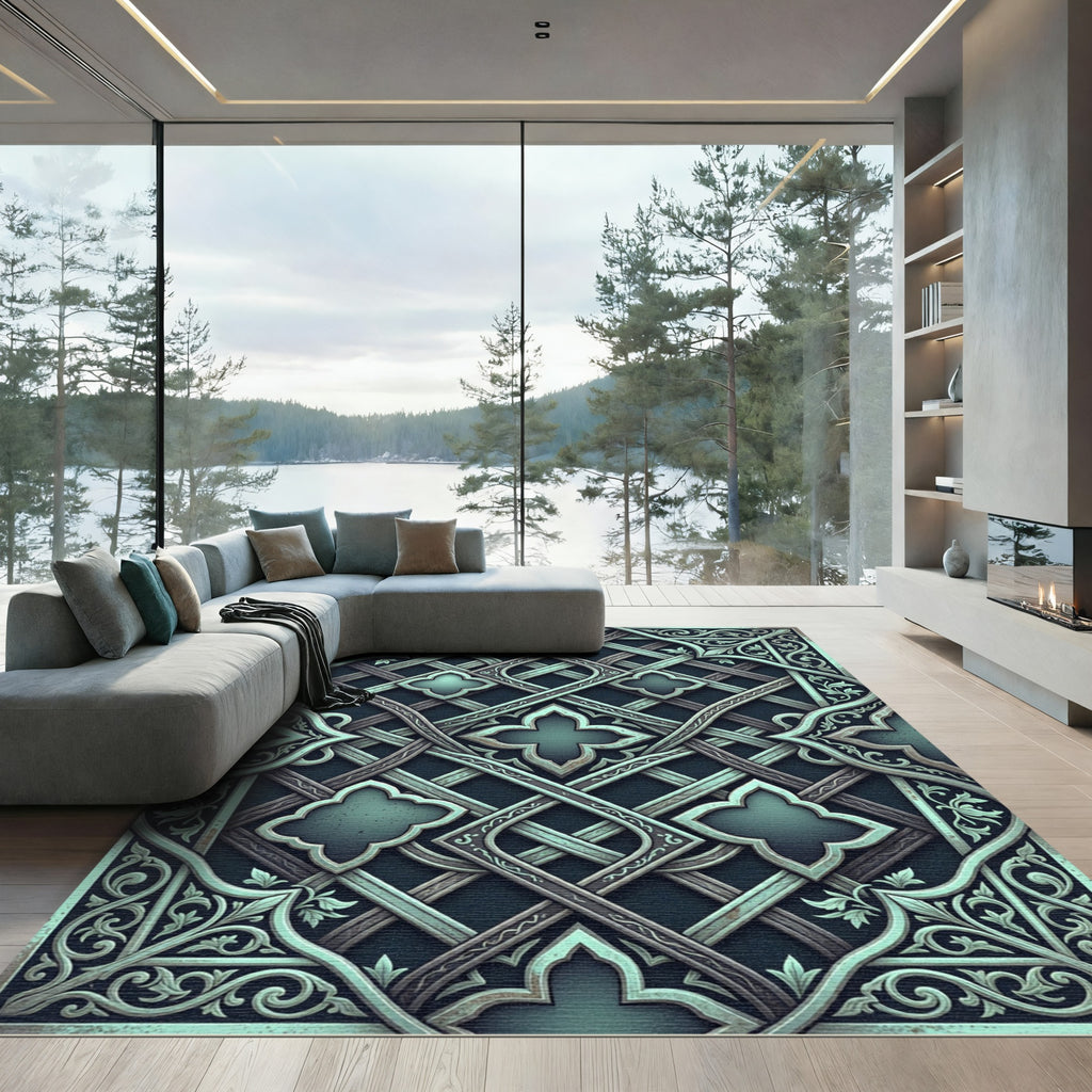 Ornate Teal Interlocking Filigree Rug