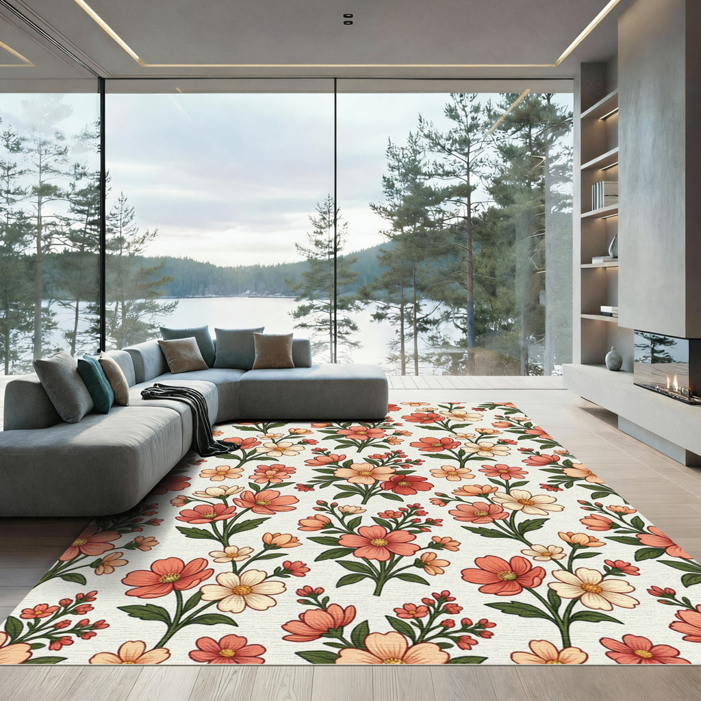 Coral Peach Blossom Sprigs Repeating Rug