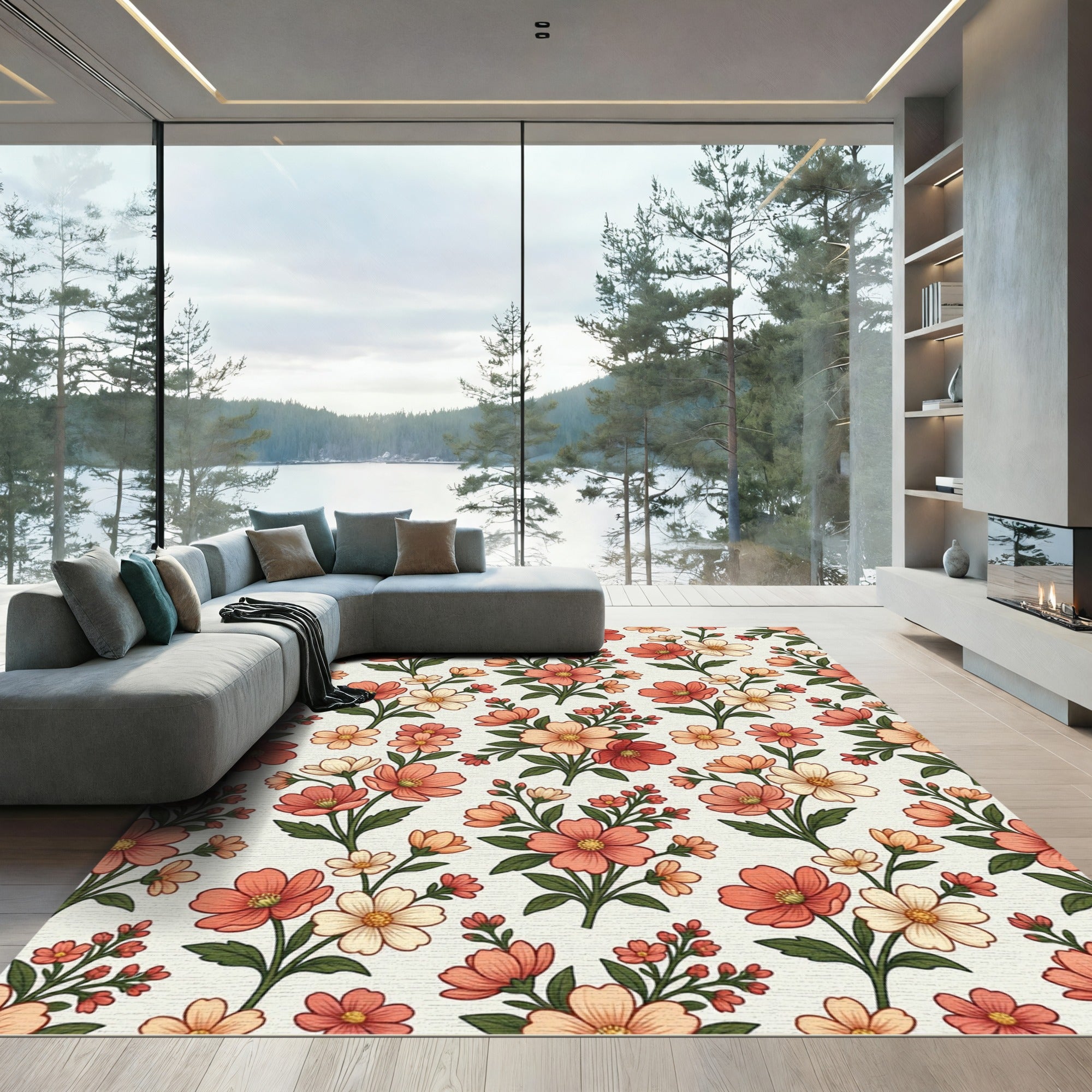 Coral Peach Blossom Sprigs Repeating Rug