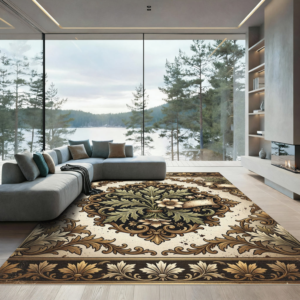 Elegant Vintage Ivory Floral Damask Rug