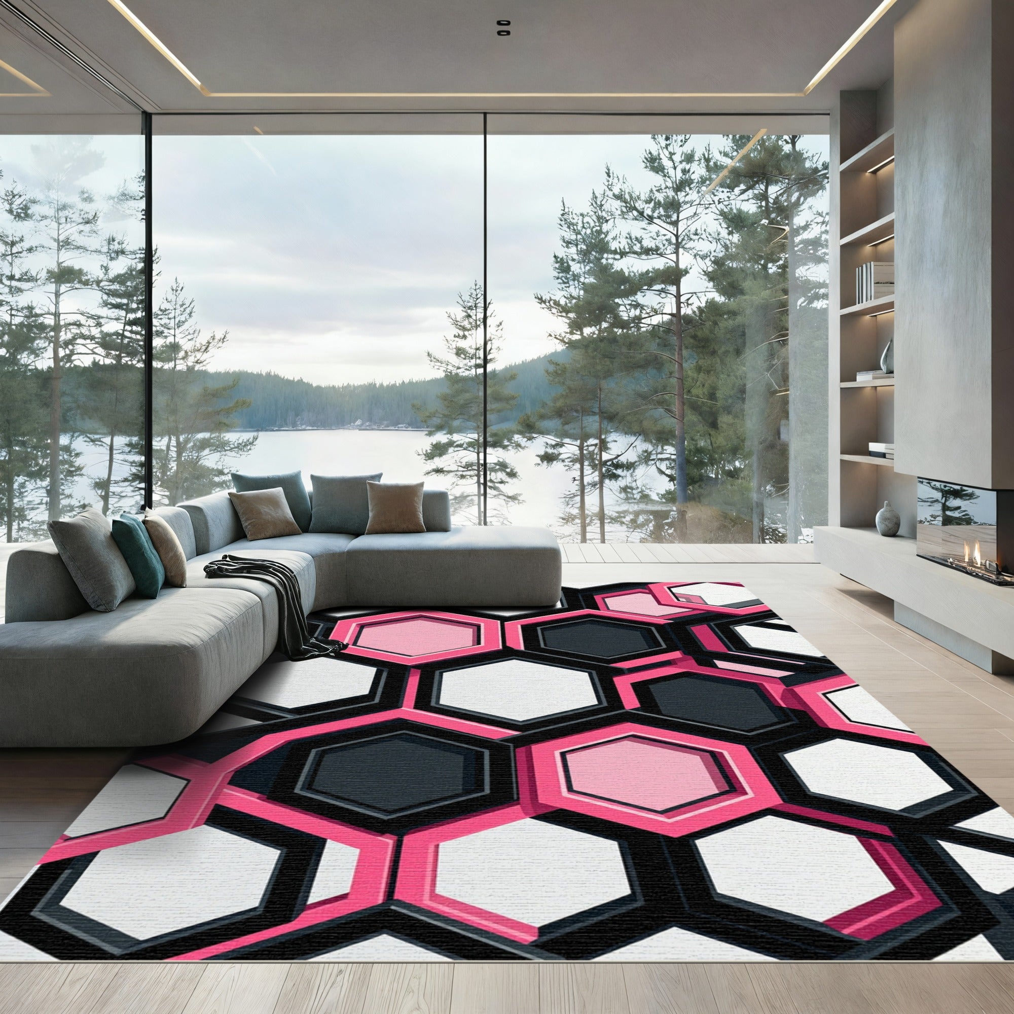 Modern Pink and Black Geometric Hexagon Rug