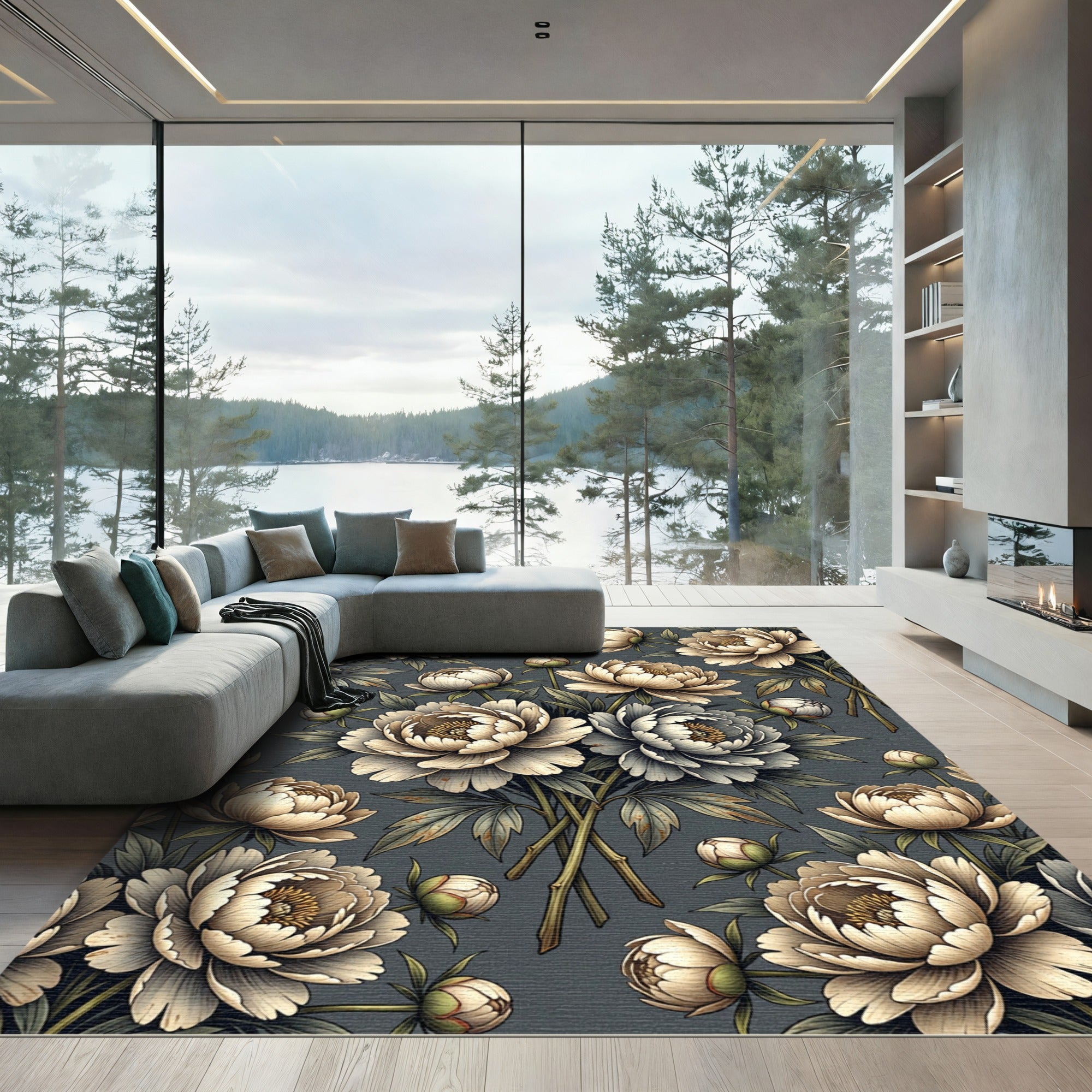 Elegant Cream Peony Floral Slate Background Rug