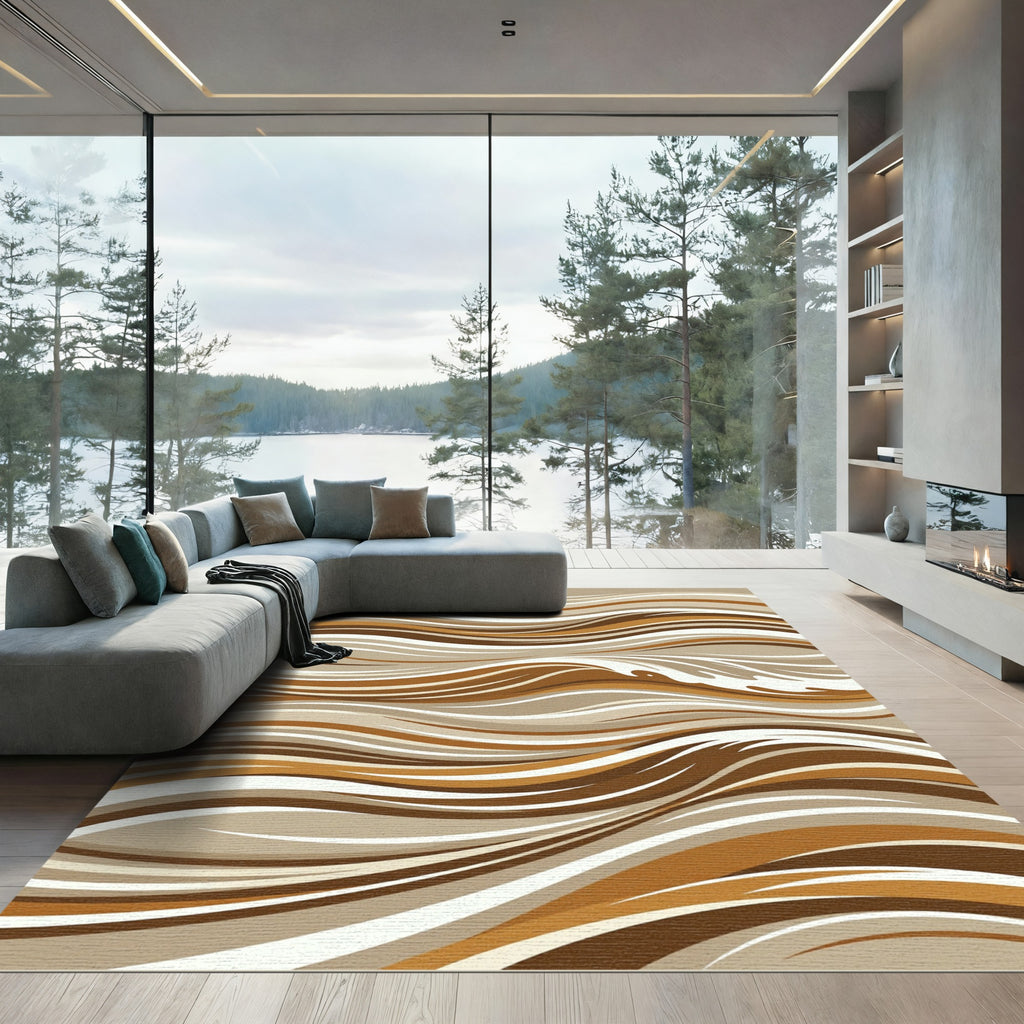 Earthy Brown Abstract Wave Rug