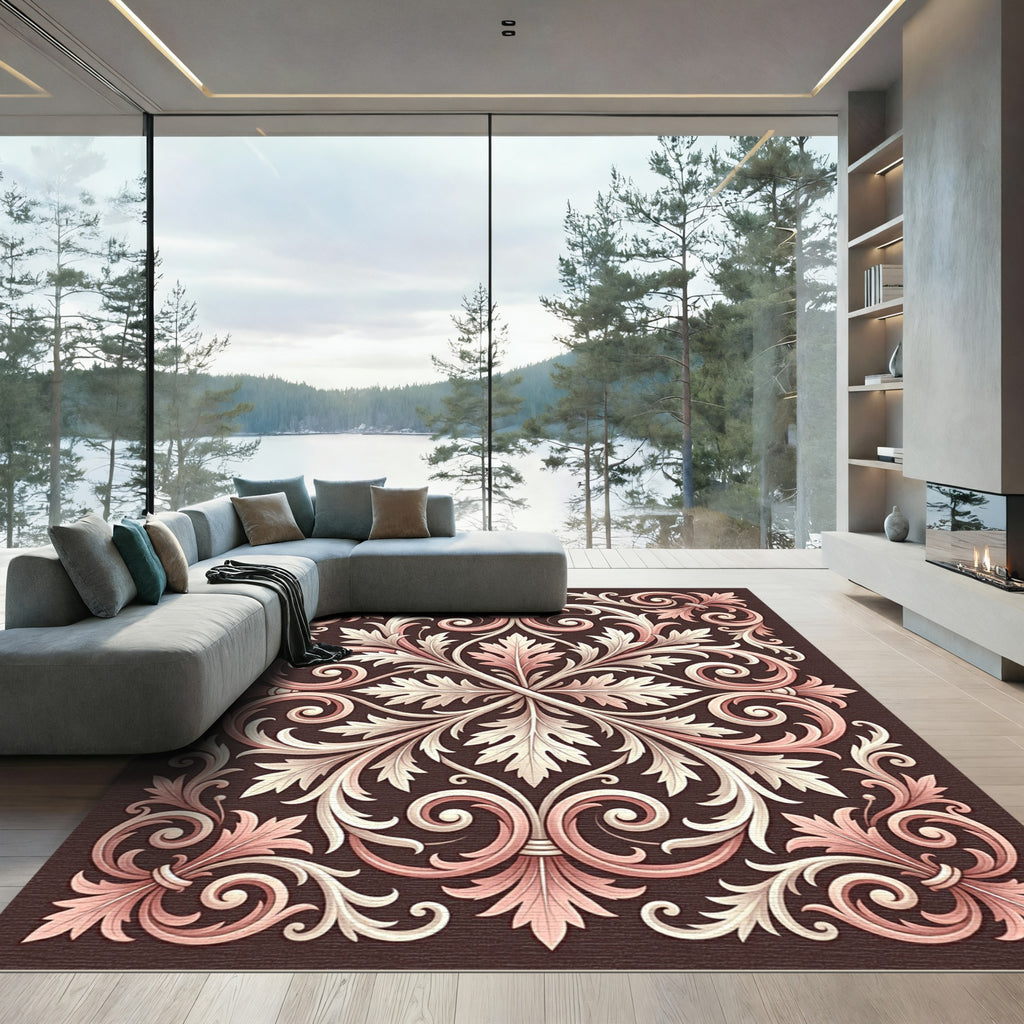 Ornate Rose Gold Acanthus Scroll Rug