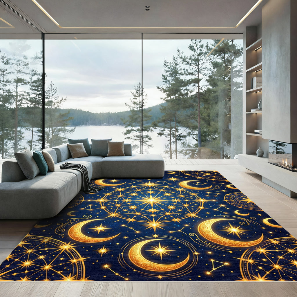 Celestial Gold Moon and Starry Sky Rug