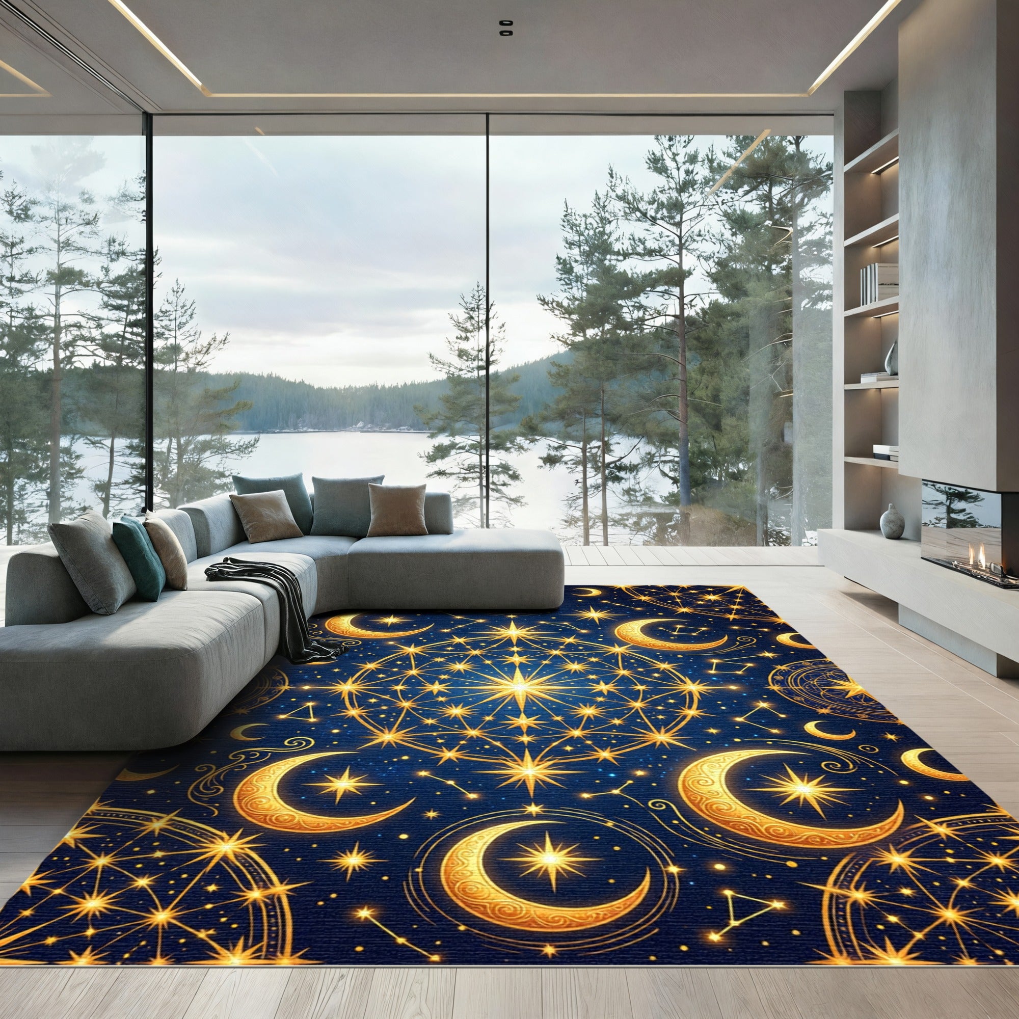 Celestial Gold Moon and Starry Sky Rug