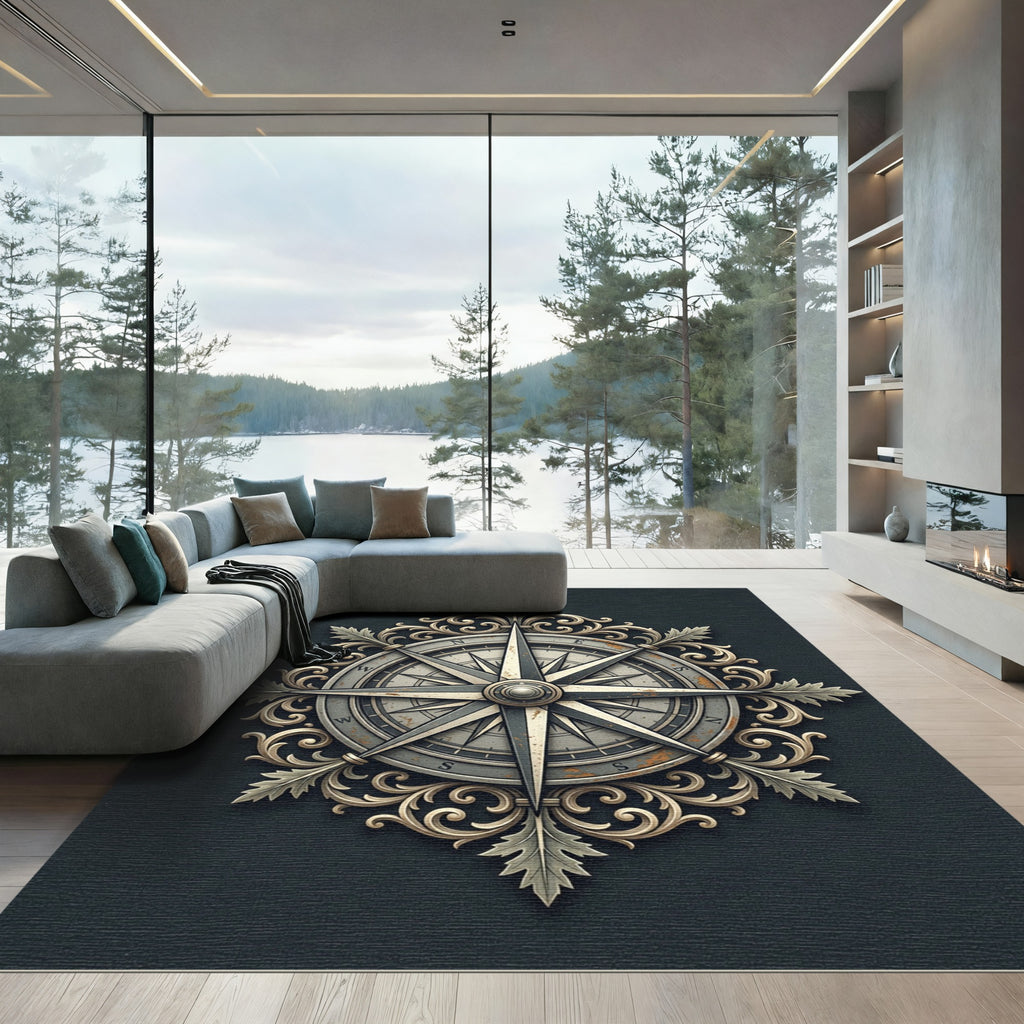 Ornate Metallic Compass Rose Medallion Rug