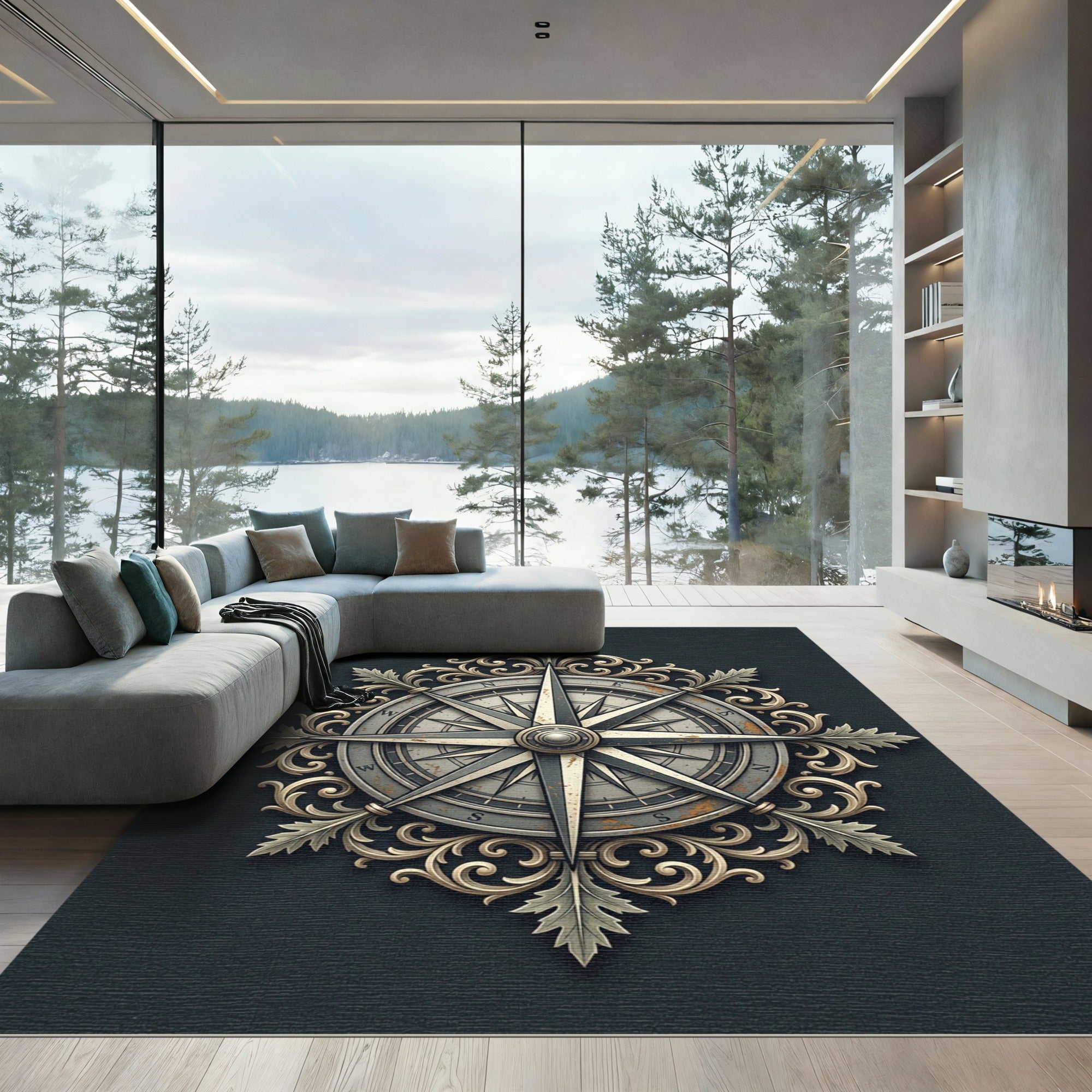 Ornate Metallic Compass Rose Medallion Rug