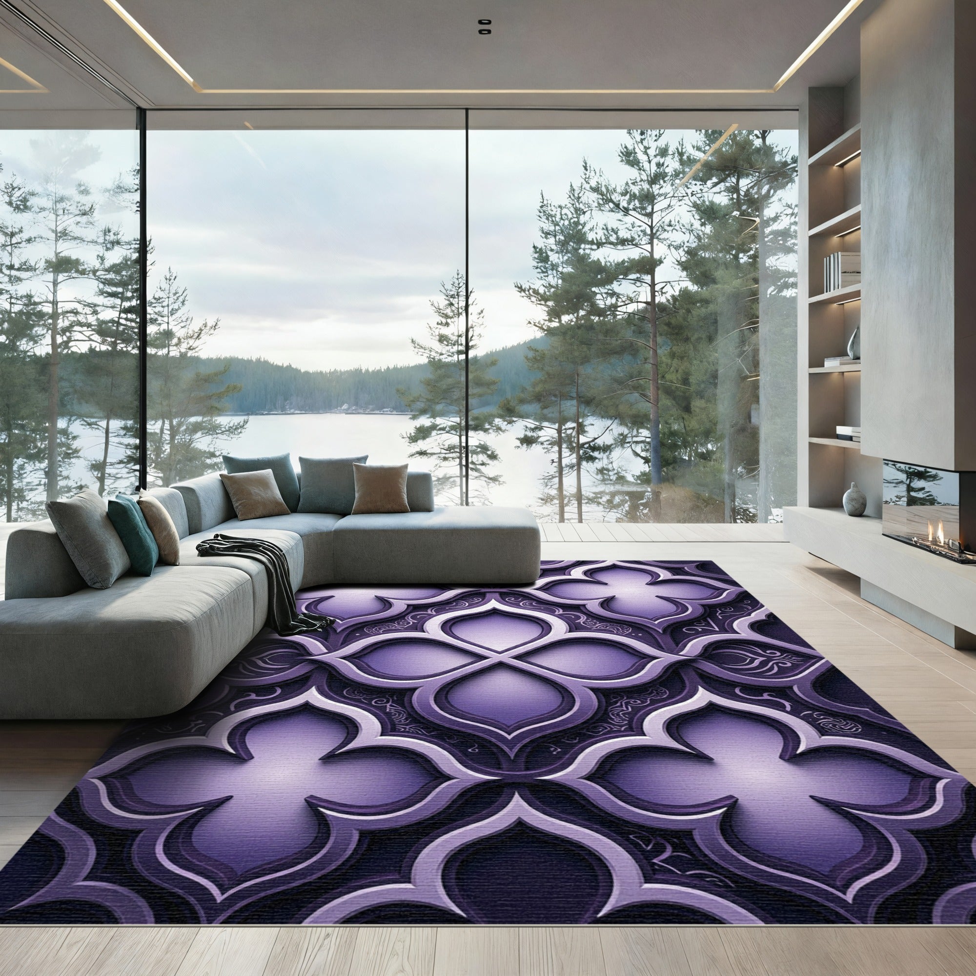 Sophisticated Deep Purple Quatrofoil Trellis Rug