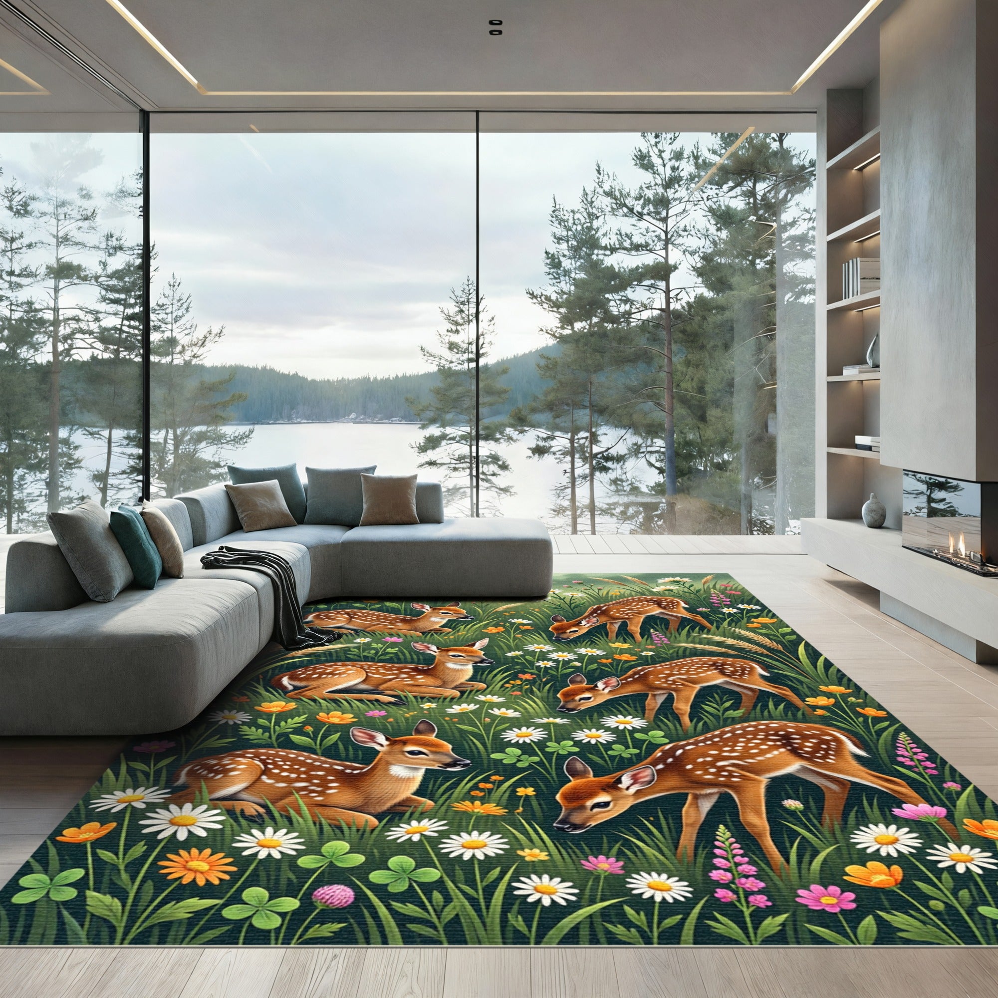 Whimsical Fawn and Wildflower Meadow Landscape Rug