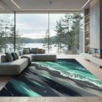 Abstract Teal Ocean Wave Mist Rug