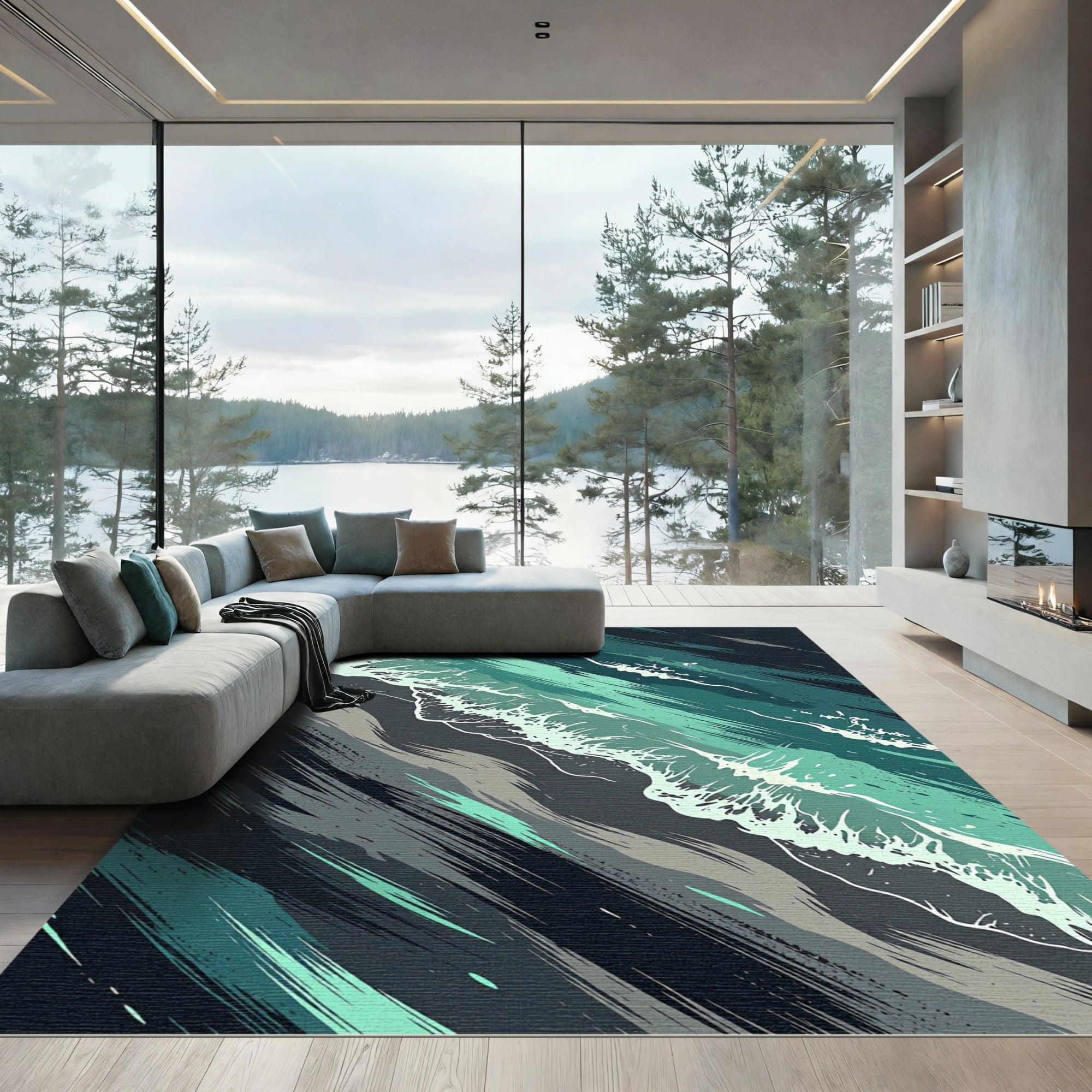 Abstract Teal Ocean Wave Mist Rug
