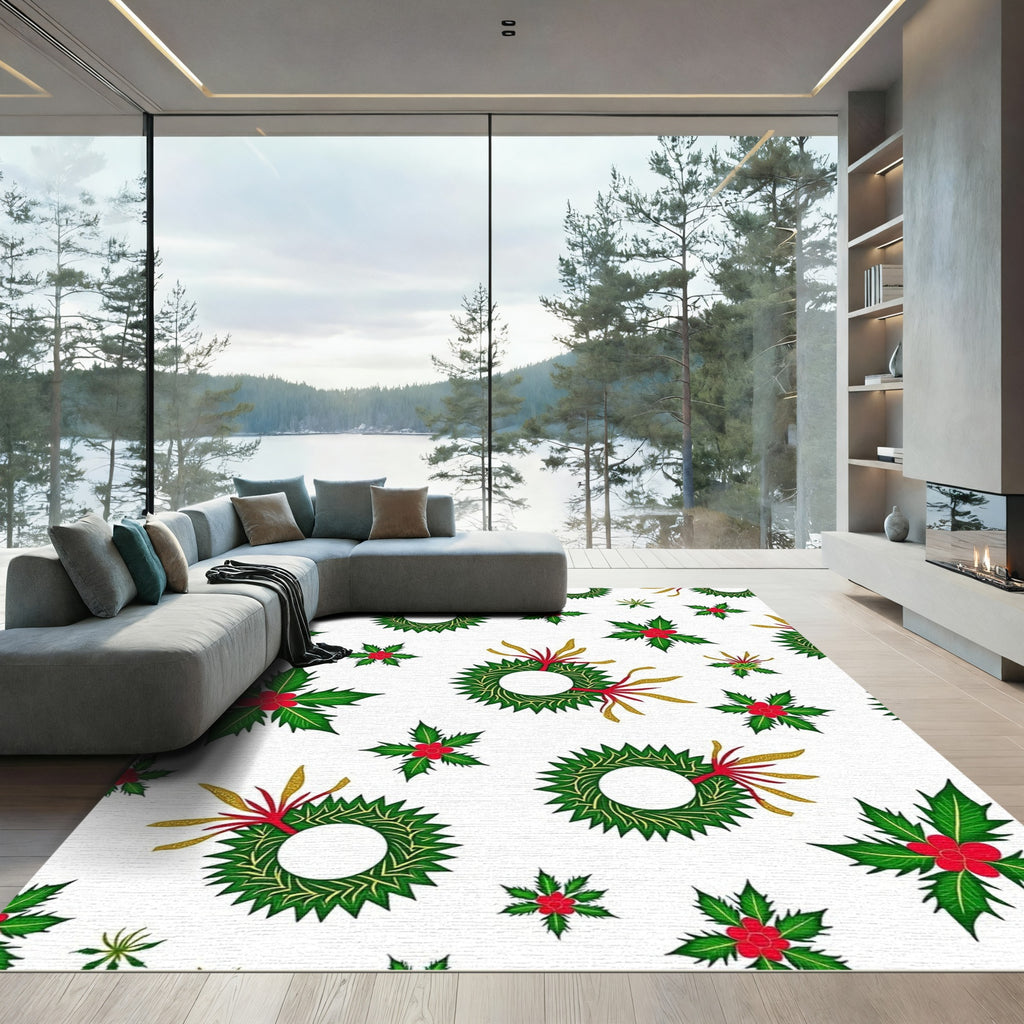 Green Holly Wreath Festive Holiday Rug