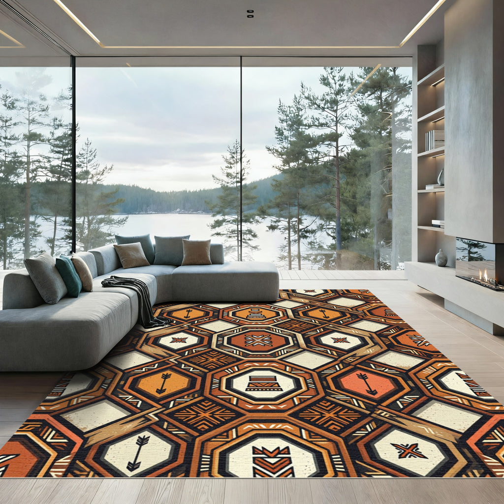 Rustic Ochre Geometric Tribal Pattern Rug