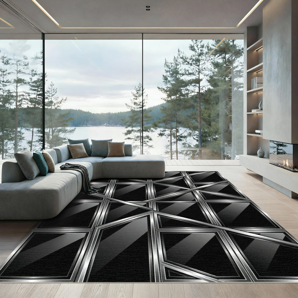 Metallic Silver Abstract Geometric Grid Rug