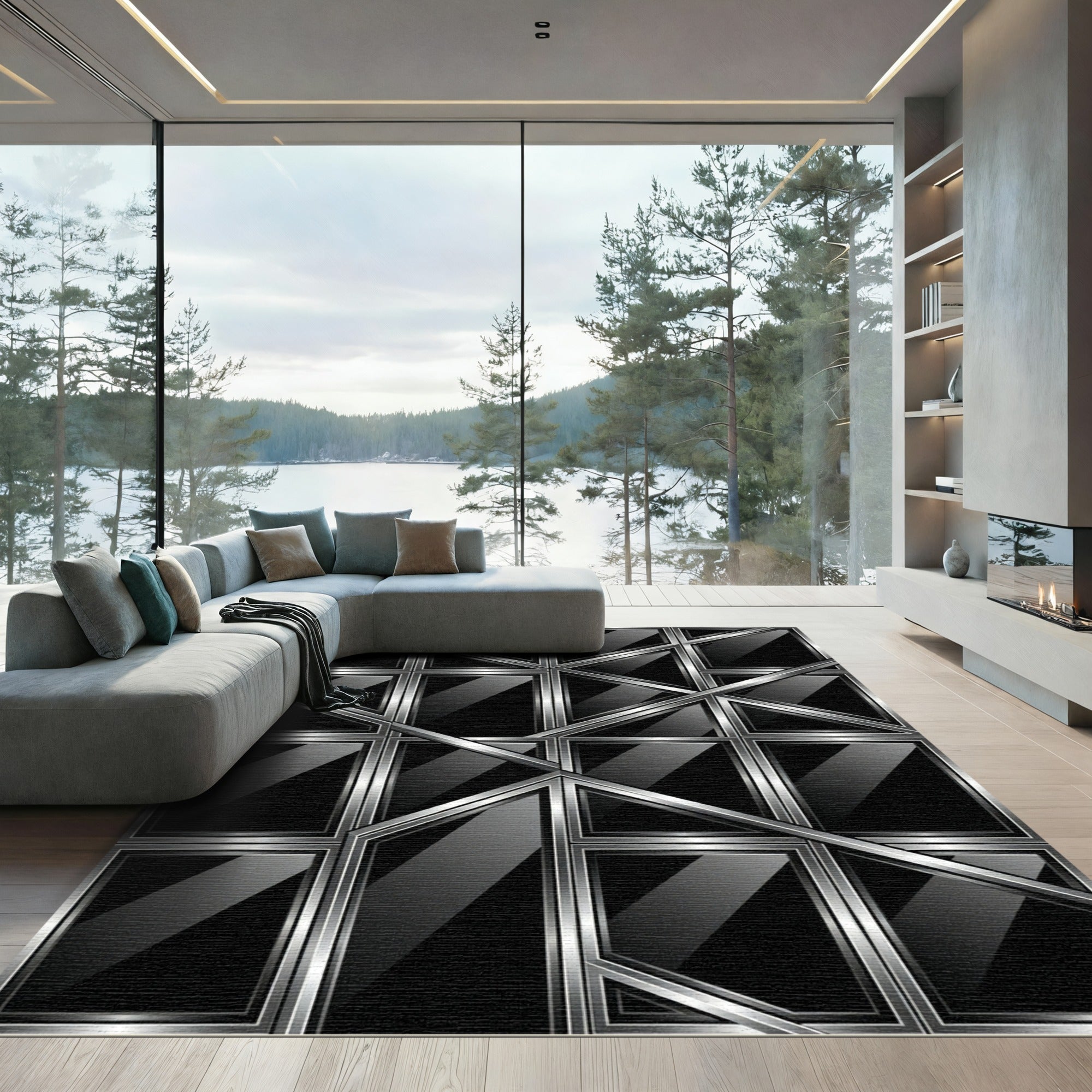 Metallic Silver Abstract Geometric Grid Rug