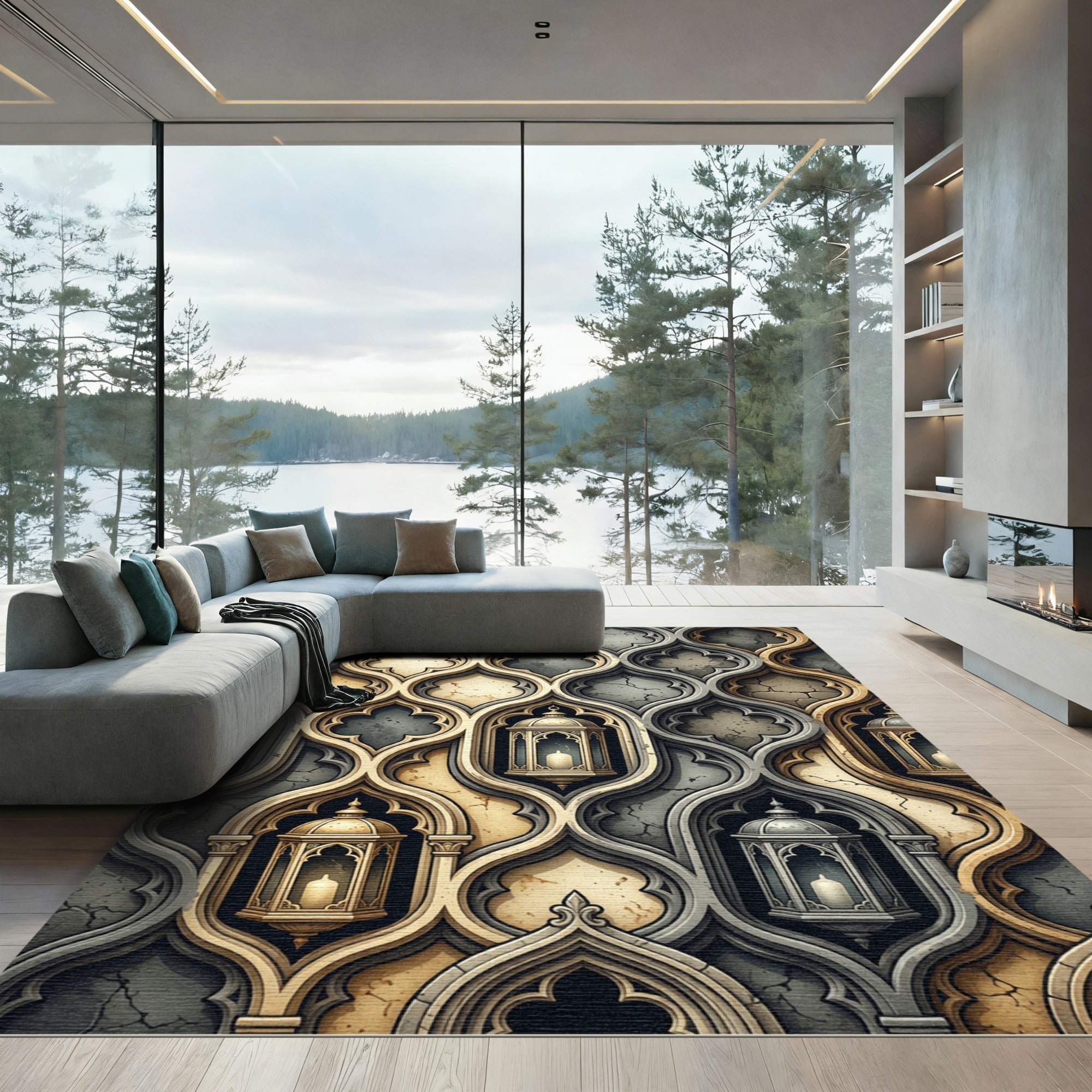 Golden Lantern Arched Stone Lattice Rug