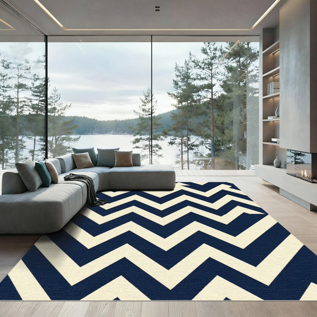 Navy and Cream Sharp Chevron Zigzag Rug