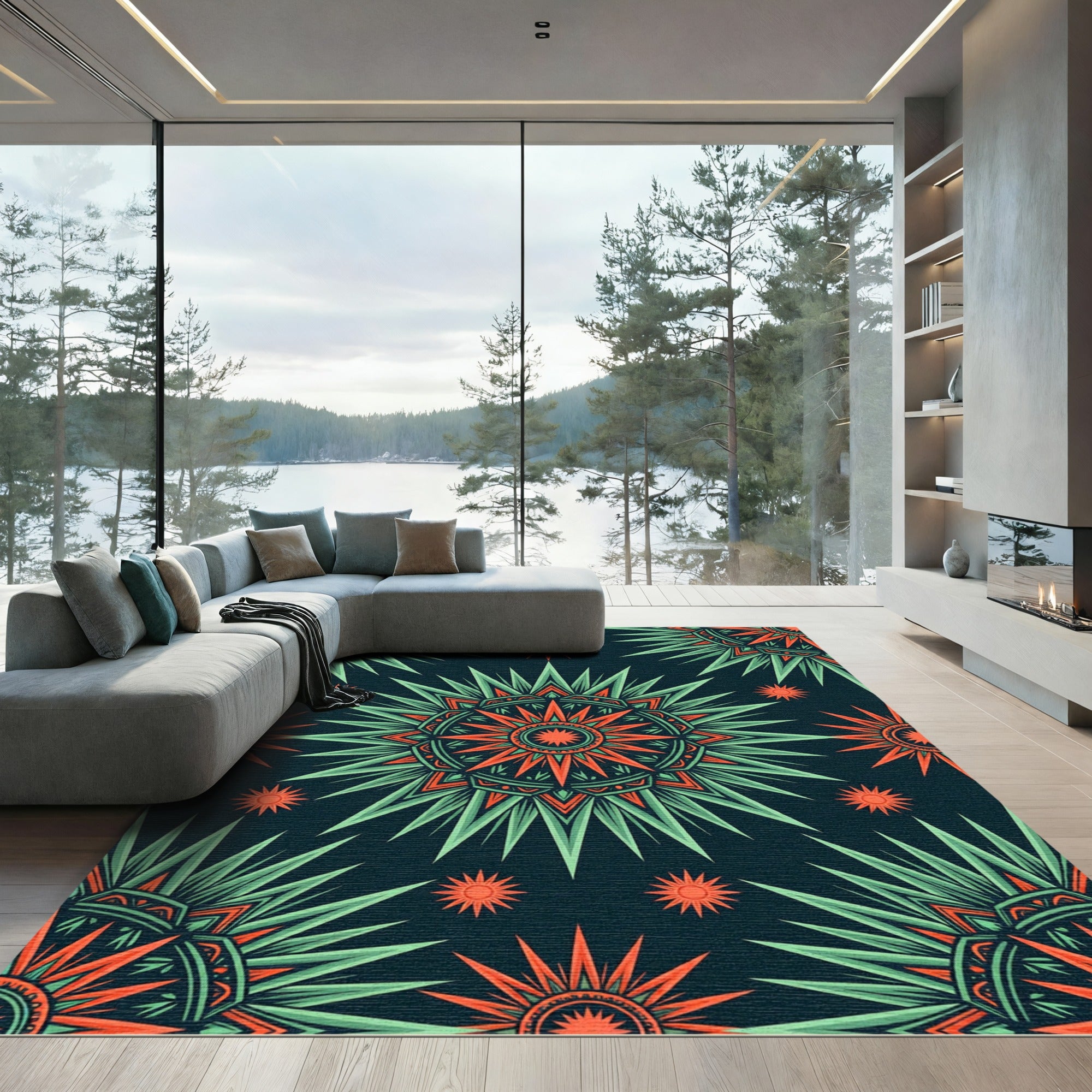 Radiant Emerald Coral Celestial Starburst Rug