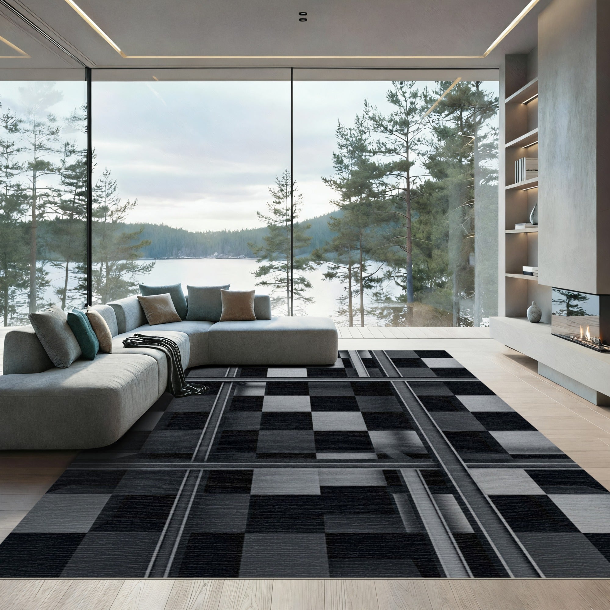 Monochrome Gray Grid Checkerboard Illusion Rug