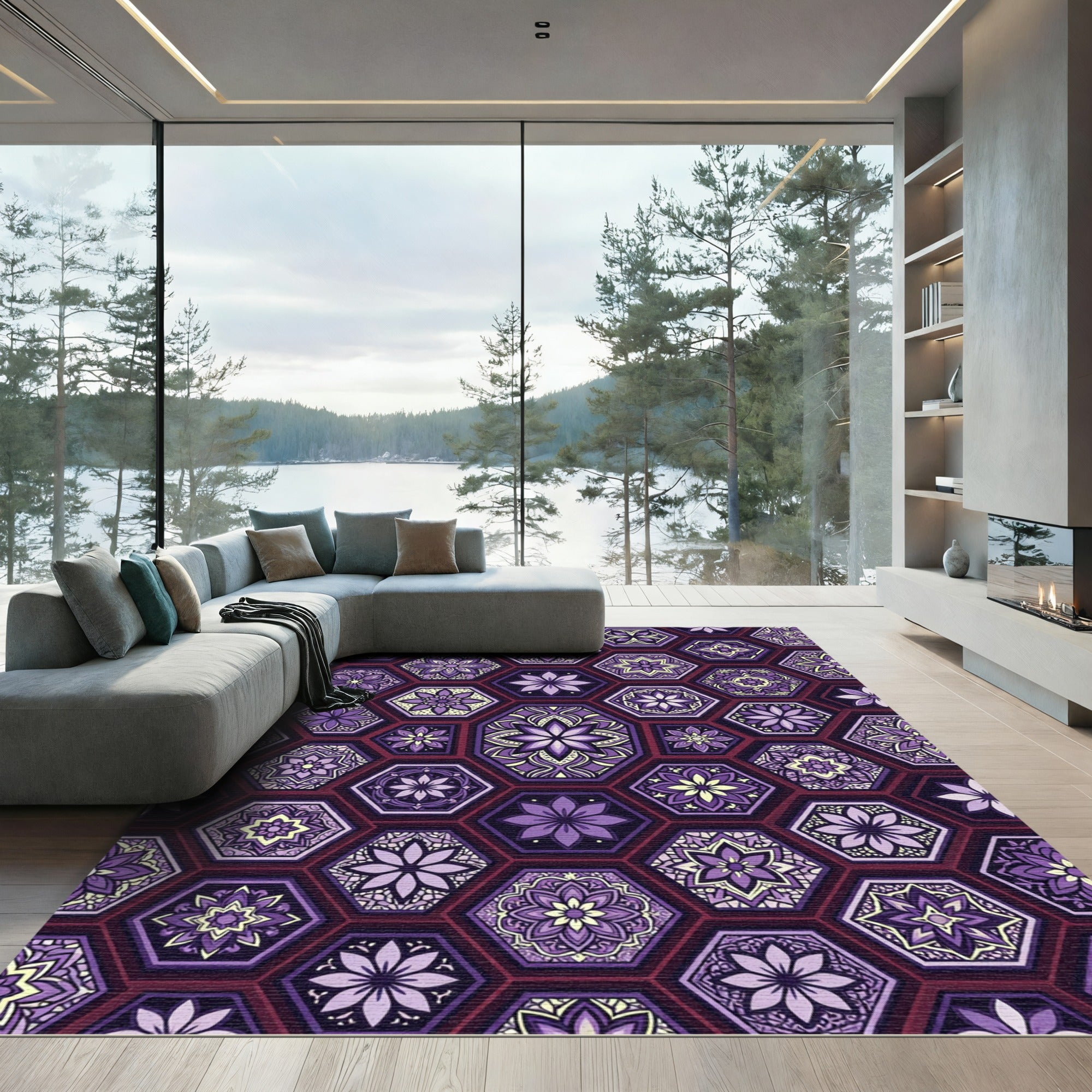 Purple Floral Hexagon Medallion Rug