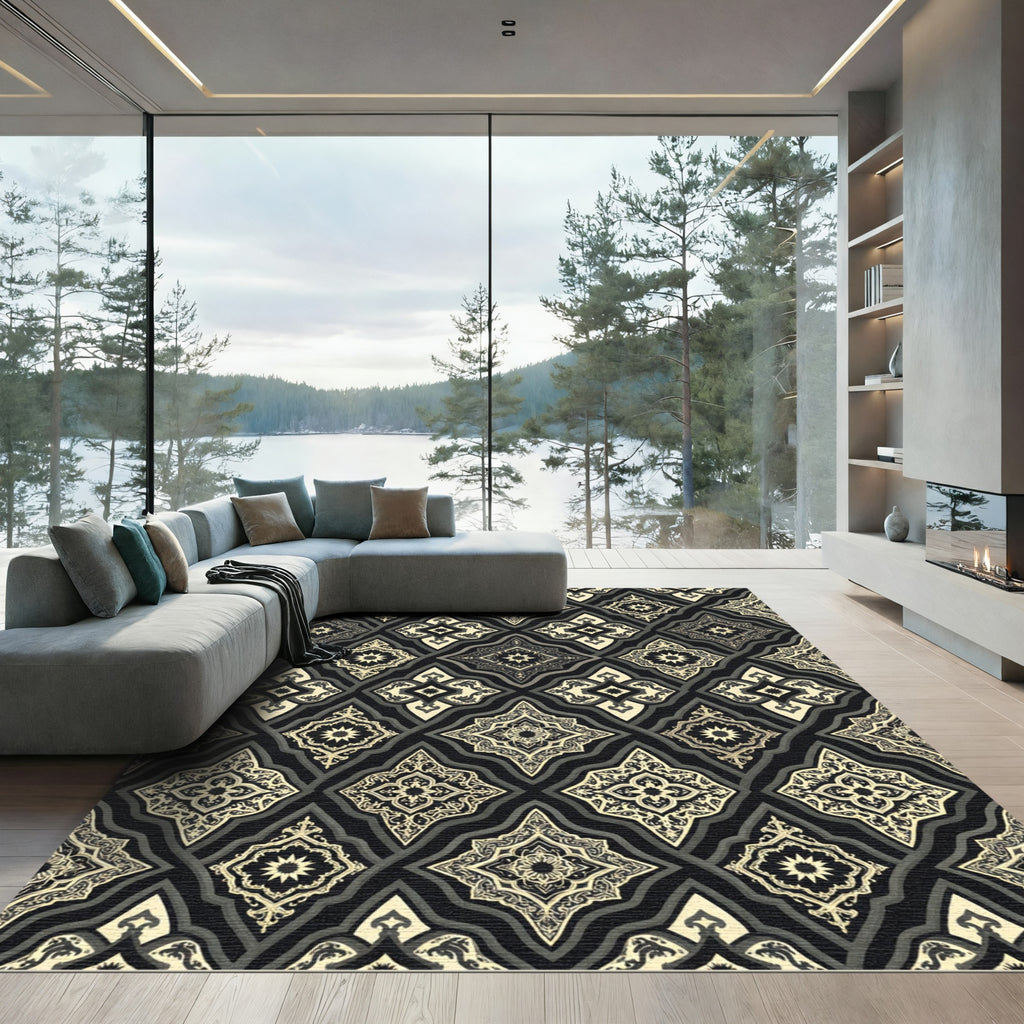 Elegant Black and Gold Lattice Medallion Rug
