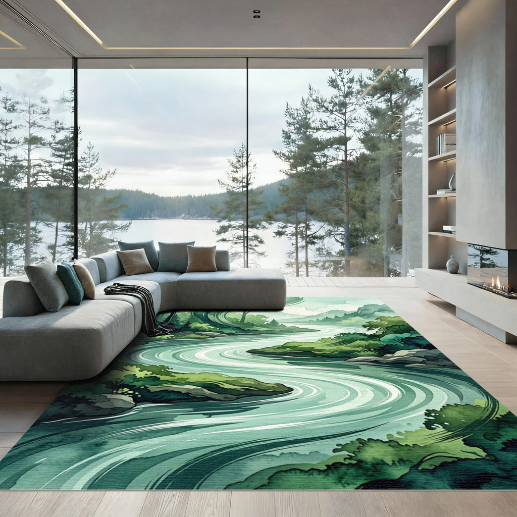 Serene Emerald River Meandering Forest Landscape Rug