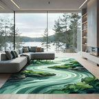 Serene Emerald River Meandering Forest Landscape Rug