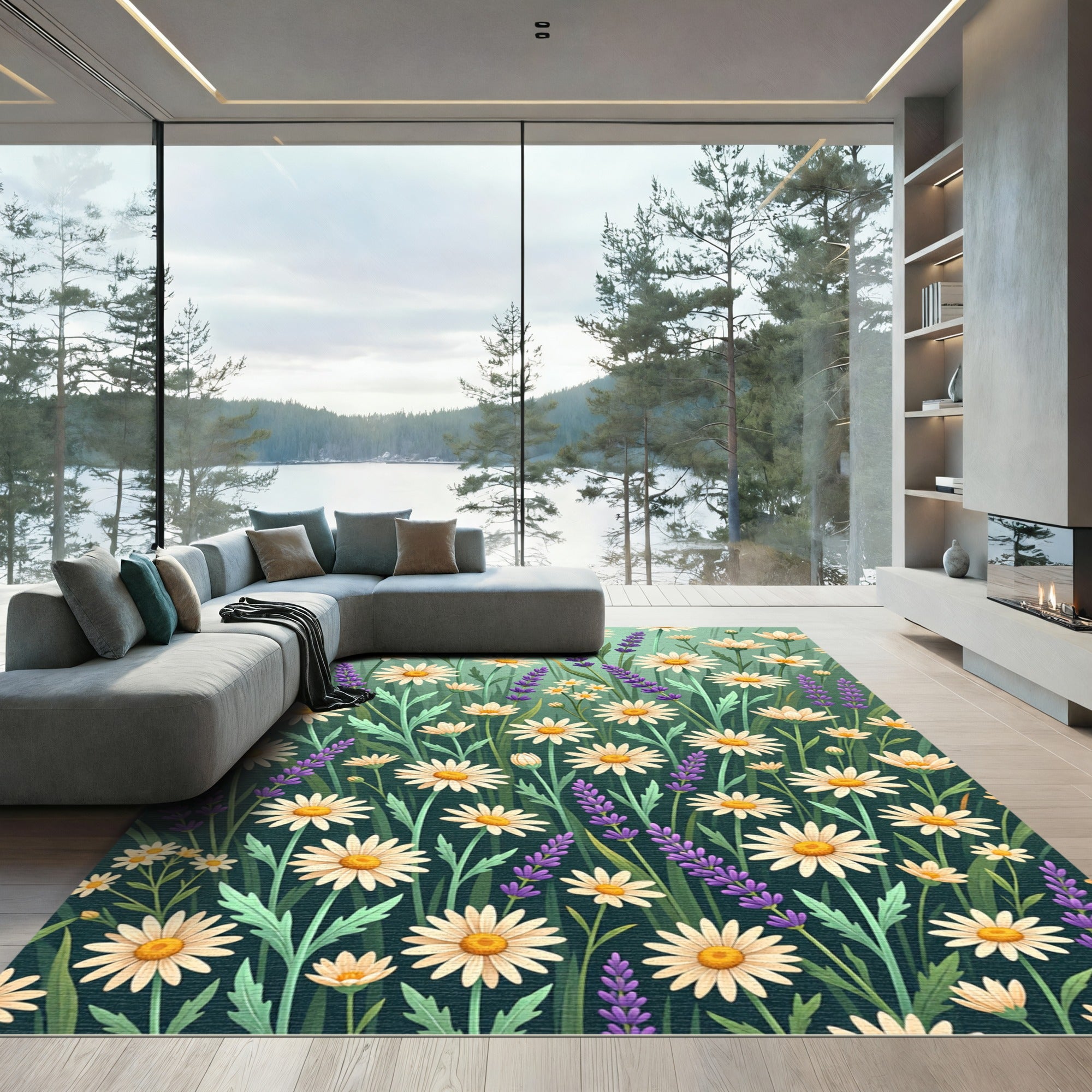 Cream Daisy Lavender Field Garden Rug