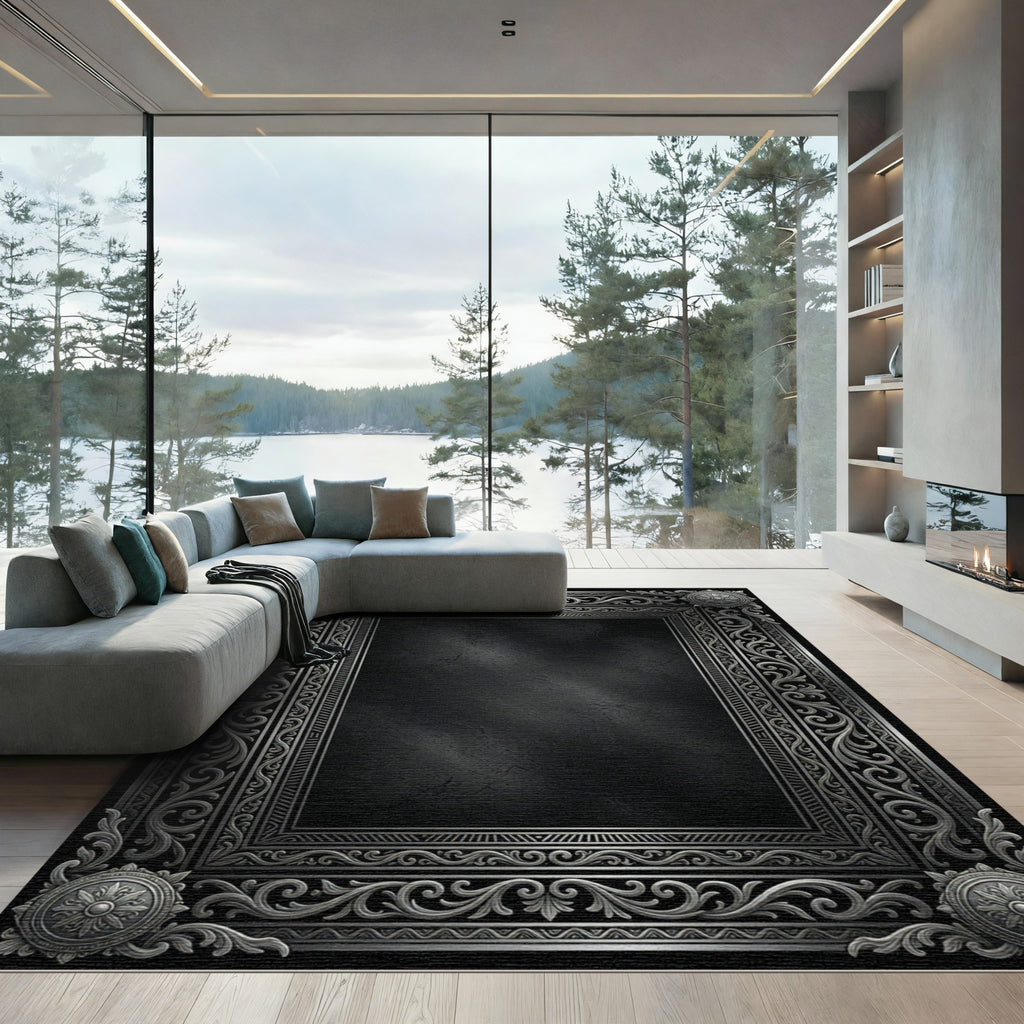 Ornate Gray Scrollwork Medallion Frame Rug