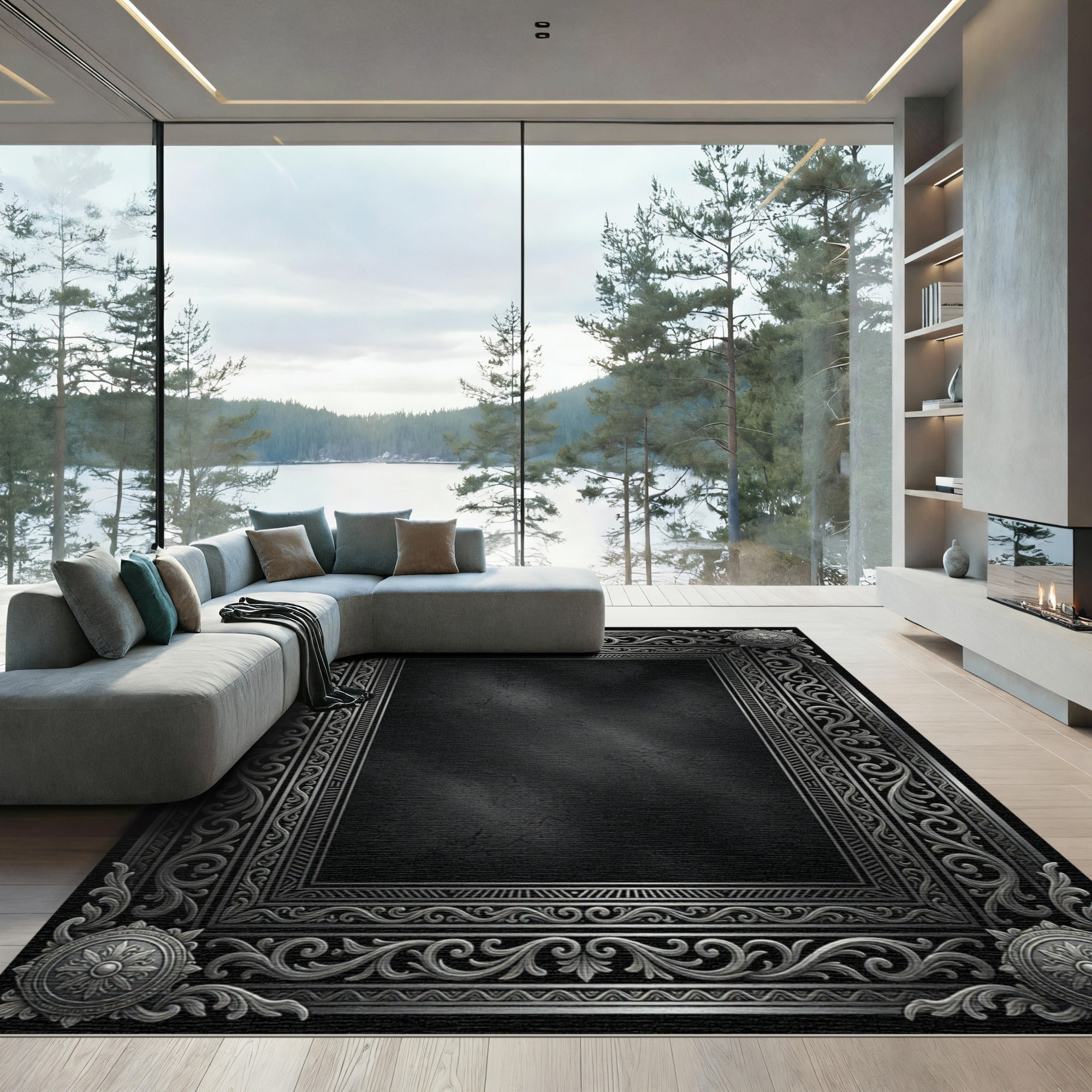 Ornate Gray Scrollwork Medallion Frame Rug